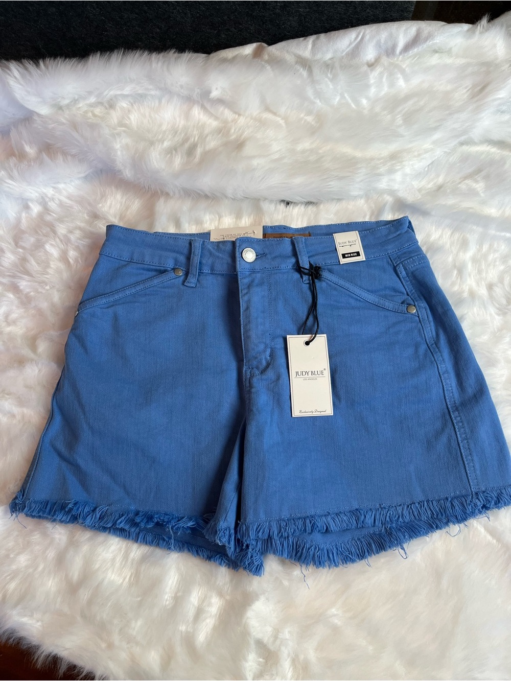 Judy Blue Mid-Rise Blue Frayed Hem Denim Shorts